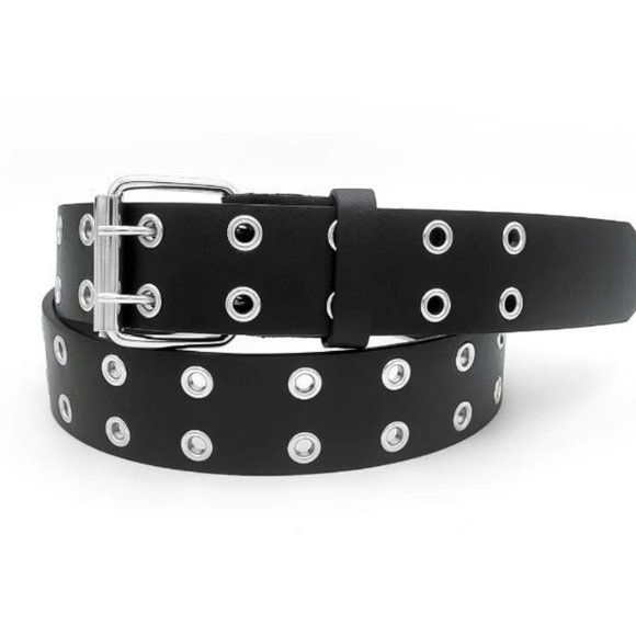 Black Unisex 2 Holes Row Grommet Bonded Leather Belt Size Large - Picture 1 of 1